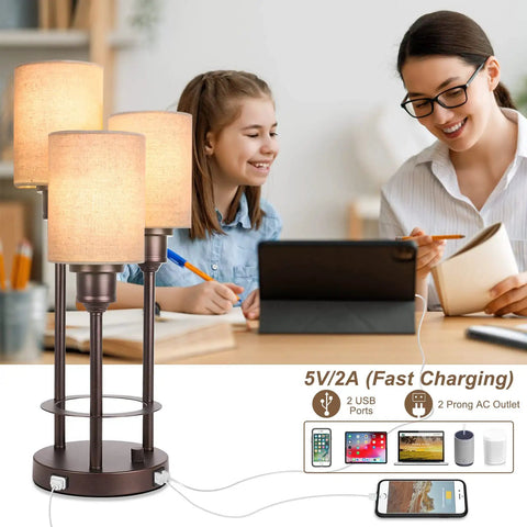 Three Light Table Lamp Set With USB Ports And 2 Prong AC Outlet next to people using devices at a desk, modern rustic decor