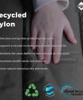 Hand touching OD Green Insulated Hammock Underquilt with recycled nylon text, featuring sustainability benefits and certifications.