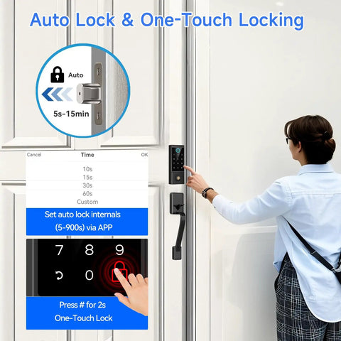 Premium Heavy Duty Smart Door Lock With App Control And Fingerprint Entry For Main Entrances, showing user using one-touch locking feature.