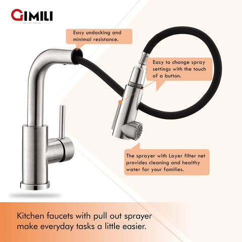 Pull Out Sprayer Bar Sink Faucet With Single Handle For Kitchen, Hot And Cold Water, Brushed Nickel Finish