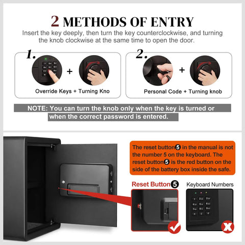 Infographic detailing 2 methods of entry for Home Security Safe With Programmable Keypad, Steel Lock Box With Alarm System.
