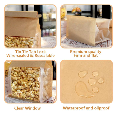 Tin Tie Bakery Bags With Window, 50 Pack Resealable Cookie Bags showcasing resealable tin tie, clear window, and waterproof material
