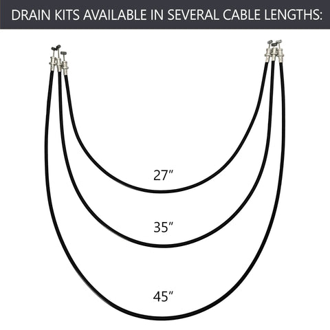 Top Shelf Smooth Operation Heavy Duty Cable Drive Bathtub Drain Trim Kit With 27 Inch Pull Chain showing cable lengths of 27in, 35in, and 45in.