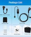 Package list for Reliable Level 2 EV Charger 40 Amp 9.6 KW with adapter, holder, manual, and portable EV bag.