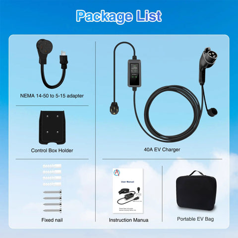 Package list for Reliable Level 2 EV Charger 40 Amp 9.6 KW with adapter, holder, manual, and portable EV bag.