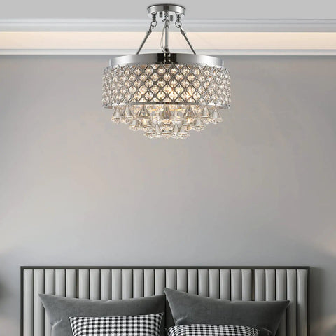 Sleek Modern Crystal Chandelier Pendant Light With Sparkling Raindrop Crystals, Semi Flush Mount, 4-Light Round Metal Ceiling Fixture in Chrome Finish