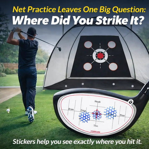 Golfer using Golf Impact Tape For Drivers Irons And Woods Instant Club Face Feedback Center Contact Training Aid with hitting net.