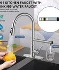 Premium Brushed Nickel Filtered Water Kitchen Faucet Featuring Smooth Pull Down Sprayer And Dual Flow Settings For Hectic Daily Household Cleaning; showing water flow and filter detail.