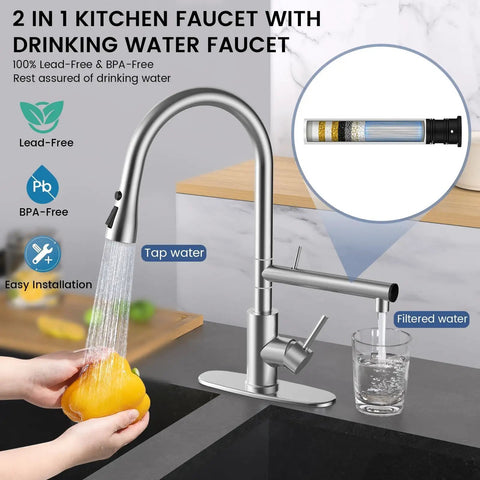 Premium Brushed Nickel Filtered Water Kitchen Faucet Featuring Smooth Pull Down Sprayer And Dual Flow Settings For Hectic Daily Household Cleaning; showing water flow and filter detail.