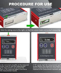 Diagram showing Roughness Tester Meter Profilometer With Data Storage And OLED Display setup and measurement process instructions.