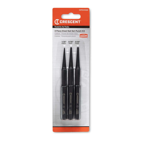 Pro Grade 3 Piece 5 Inch Steel Punch Set With Black Oxide Finish, Laser Etched Size Markings, Knurled Handles, Packaging View