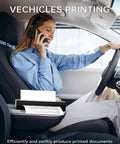 Person using Travel Ready Portable Bluetooth Thermal Printer For On The Go in car, printing document, phone in hand.