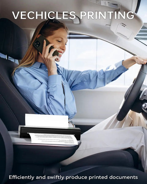 Person using Travel Ready Portable Bluetooth Thermal Printer For On The Go in car, printing document, phone in hand.