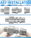 304 Stainless Steel Reducer Adapter 3/4 NPT Female To 1/2 NPT Male Pipe Fitting Pack Of Six shown with easy installation