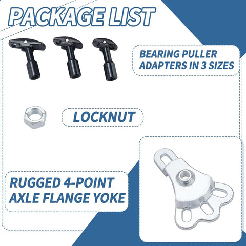 Rear Axle Bearing Puller Tool Set With Slide Hammer Yoke 8 Piece Kit Seal Removal Tool And 3 Adapters package contents