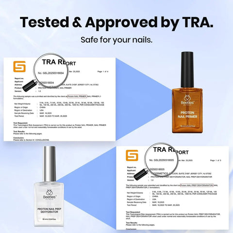 TRA approved Gel Nail Prep Kit with Dehydrator and Primer, HEMA-Free bonding protein for tips and extensions, 10ml bottles.