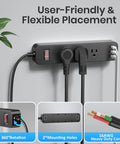 IPX6 Weatherproof Outdoor Power Strip With 3 Wide Outlets And 3 USB Ports mounted on wall with cords