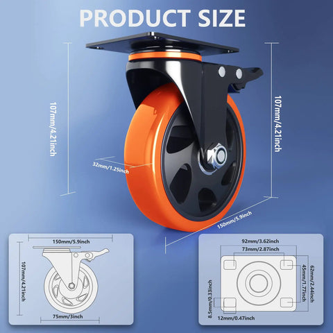 Tough As Nails 3 Inch Caster Wheels Set Of 4 Heavy Duty Locking Brakes showing size dimensions and details on a blue background.