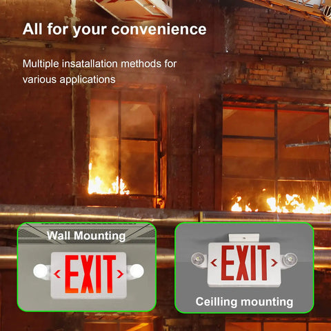 Red Exit Sign With Emergency Lights Battery Backup UL Listed 120/277V Commercial Emergency Lighting Kit wall and ceiling mounting