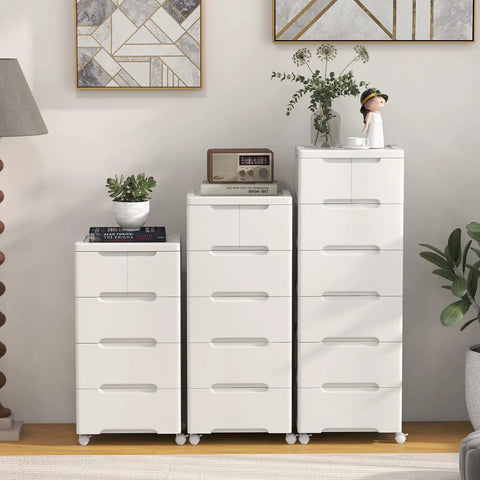 Five Drawer Rolling Storage Cart On Wheels White Plastic Organizer For Home Office And Living Room Mobile Cabinet With Three Large And Two Small Drawers Durable Vertical Storage Tower 16x13x31
