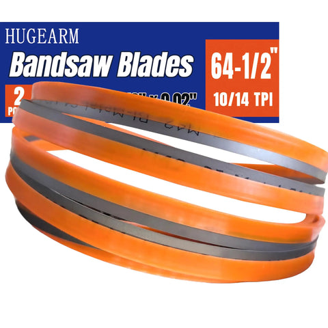64.5 Inch Long One Half Inch Wide Zero Point Zero Two Inch Thick Bi Metal M42 Bandsaw Blades Set With Twenty Four TPI And Fourteen TPI Two Pack For Metal Cutting And Pro Grade Fast Clean Cuts displayed with packaging.