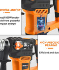 Close-up of 13 Amp SDS Plus Rotary Hammer Drill with powerful motor, high precision bearing. Heavy duty for concrete.