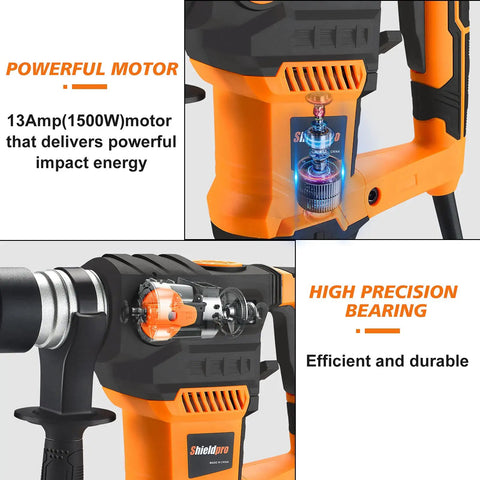Close-up of 13 Amp SDS Plus Rotary Hammer Drill with powerful motor, high precision bearing. Heavy duty for concrete.