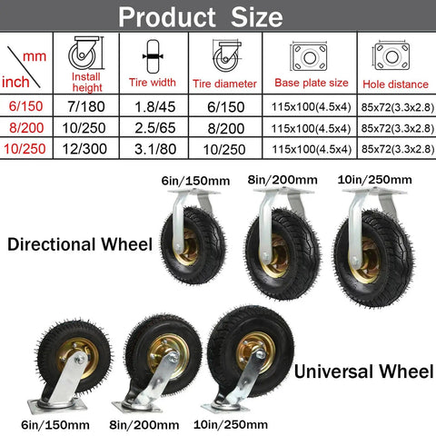 Product size chart for Pair Of Heavy Duty Silent Rubber Caster Wheels Featuring Genuine Pneumatic Tires Rock Solid Steel Plates And Dual Ball Bearings For Smooth Industrial Rolling That Handles Load After Load With Zero Hassle.