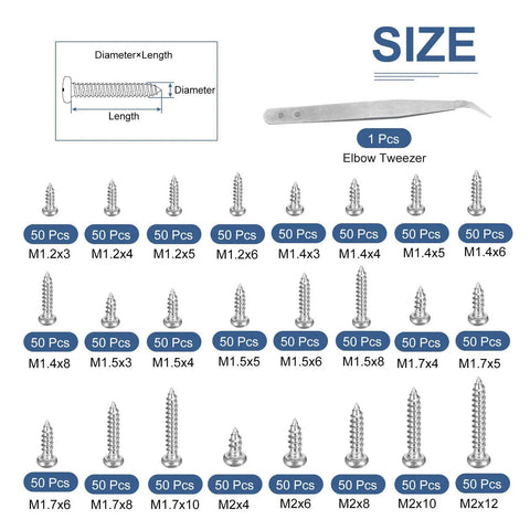Laptop Repair Screw Kit With 1200 Self Tapping Phillips Screws In M1.2 To M1.7 Sizes Plus Elbow Tweezers Carbon Steel Nickel Plated