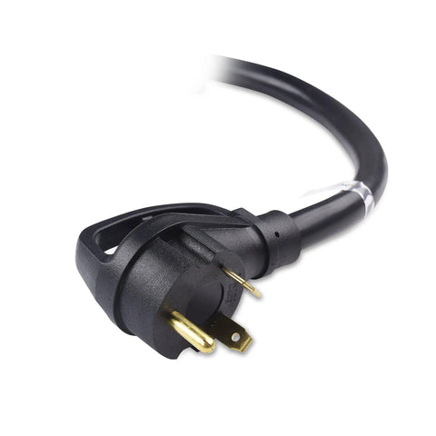Close-up of 3 Prong 30 Amp RV Extension Cord 25 Ft Outdoor Heavy Duty Power Lead TT-30P to TT-30R showing plug detail.
