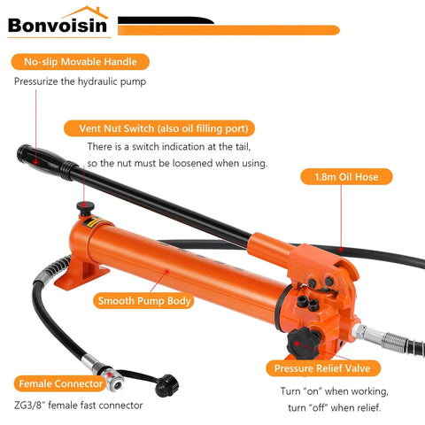 Heavy Duty Hydraulic Hand Pump Ram with orange smooth pump body, pressure relief valve, and 1.8m oil hose for field repairs