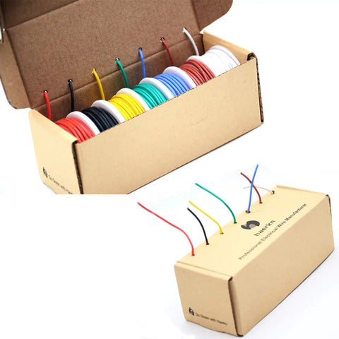 20 AWG Silicone Hookup Wire Kit with 7 Colorful Spools, Each 23 Feet Long, Stranded Tinned Copper in a cardboard box