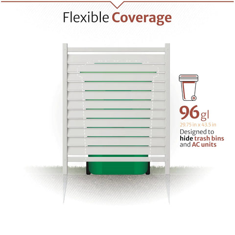 Two Panel Waverly White Vinyl Privacy Screen Set Easy Install 44 Inch High By 36 Inch Wide Outdoor Privacy Fence Panels covering green bin