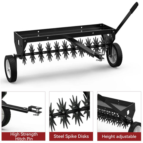 40 Inch Tow Behind Spike Aerator For Lawns With 11 Star Shaped Galvanized Plug Core Tines, Transport Wheels, Side Control Handle