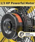 Close-up of 1/3 HP motor on 30 Inch Tilting Pedestal Fan for Industrial Warehouses and Gyms, with sealed ball bearing feature.