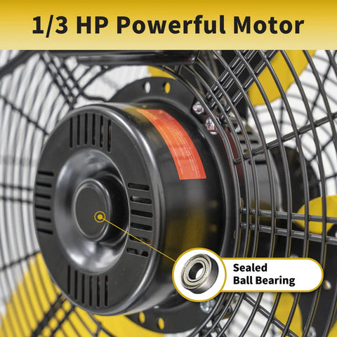 Close-up of 1/3 HP motor on 30 Inch Tilting Pedestal Fan for Industrial Warehouses and Gyms, with sealed ball bearing feature.