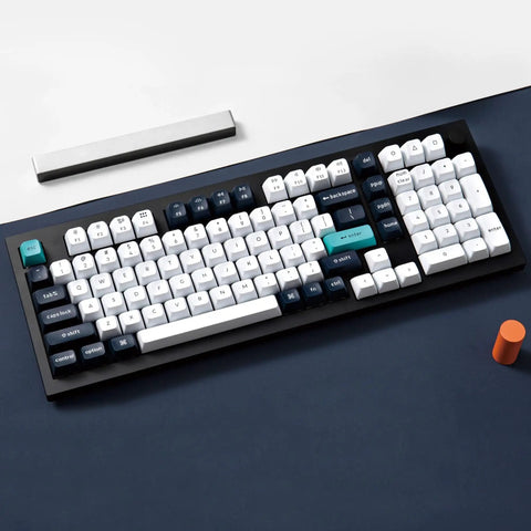 Compact 96 Percent Wireless Mechanical Keyboard Hot Swap Switches in white and navy on a dark surface.