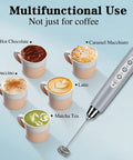 Handheld Milk Frother And Electric Whisk With 3 Speed Settings, Stainless Steel 3 Whisks, Rechargeable USB Powered near various drinks