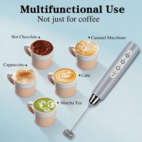 Handheld Milk Frother And Electric Whisk With 3 Speed Settings, Stainless Steel 3 Whisks, Rechargeable USB Powered near various drinks
