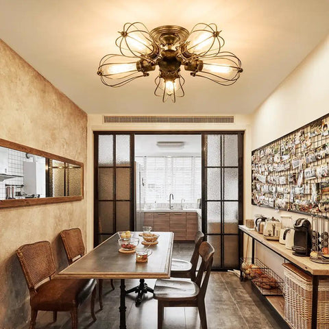 Vintage Industrial 5-Light Bronze Ceiling Light Semi-Flush Mount installed over dining table.