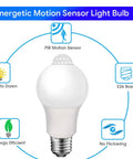 Motion Activated LED Light Bulb 60W Equivalent 8.5W A19 E26 5000K Dusk to Dawn Indoor Outdoor Security Lamp for Porch Entrance Hallway Stairs Energy Saving Auto On When Motion Detected 2 Pack, infographic showing PIR motion sensor and E26 base