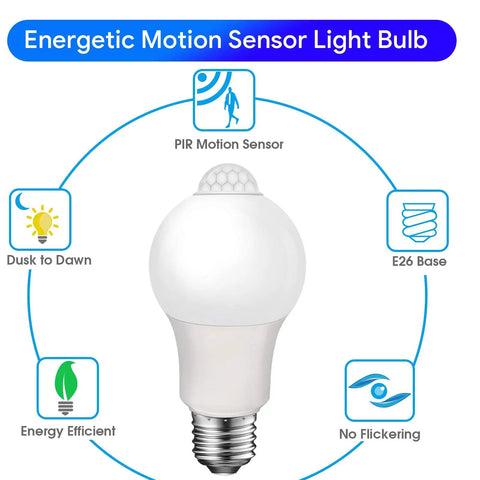 Motion Activated LED Light Bulb 60W Equivalent 8.5W A19 E26 5000K Dusk to Dawn Indoor Outdoor Security Lamp for Porch Entrance Hallway Stairs Energy Saving Auto On When Motion Detected 2 Pack, infographic showing PIR motion sensor and E26 base