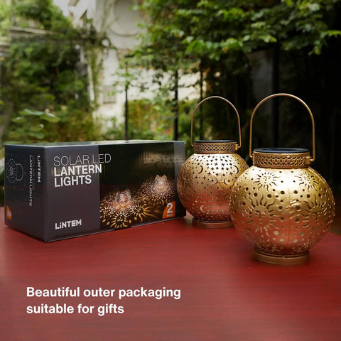 Outdoor Solar Lanterns 2 Pack Waterproof Hanging LED Lights With Metal Star Moon Sun Pattern 10 Lumens and gift box