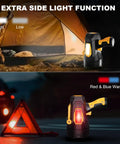 Rechargeable Spotlight 2,000,000 Lumens displaying extra side light function and red & blue warning lights for outdoor adventures