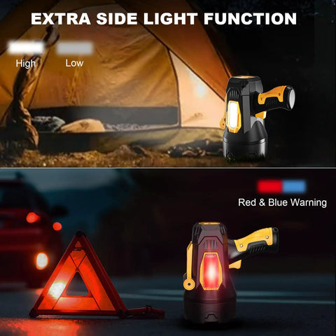 Rechargeable Spotlight 2,000,000 Lumens displaying extra side light function and red & blue warning lights for outdoor adventures
