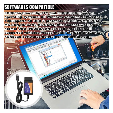Laptop displaying diagnostic software with OBD2 USB Diagnostic Adapter and Coding Tool beside it, MSCAN HSCAN switch visible.