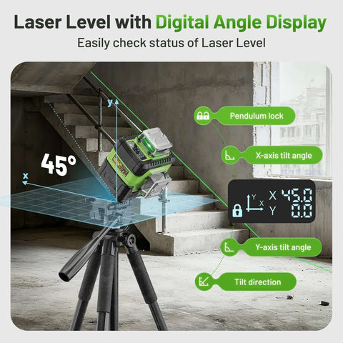 HUEPAR laser level 360° on a tripod with LCD display; green and black self-leveling tool with magnetic bracket