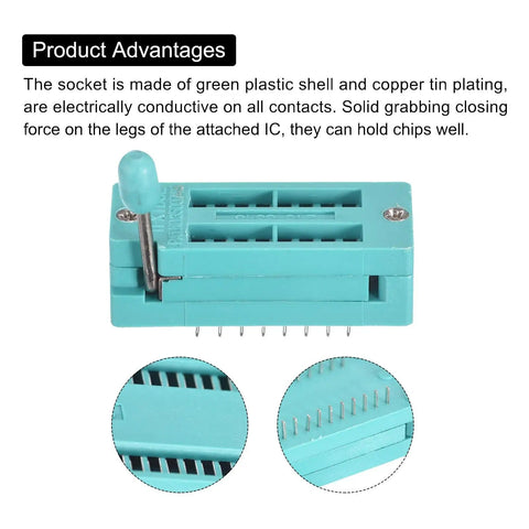 Universal 16 Pin ZIF IC Test Socket with 3.0mm pitch in green plastic with copper plating for secure chip holding, 5 pack