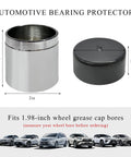 Automotive bearing protectors, 2-inch chrome steel with dust cover, for 1.98-inch wheel bores, shown next to various cars