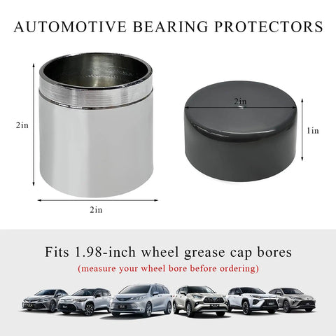 Automotive bearing protectors, 2-inch chrome steel with dust cover, for 1.98-inch wheel bores, shown next to various cars